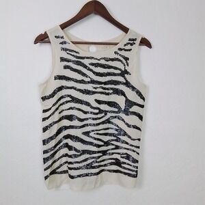 Loft Tank Top Sz S Beige Black Zebra Sequins Cotton Modal Sleeveless Y2K Style‎